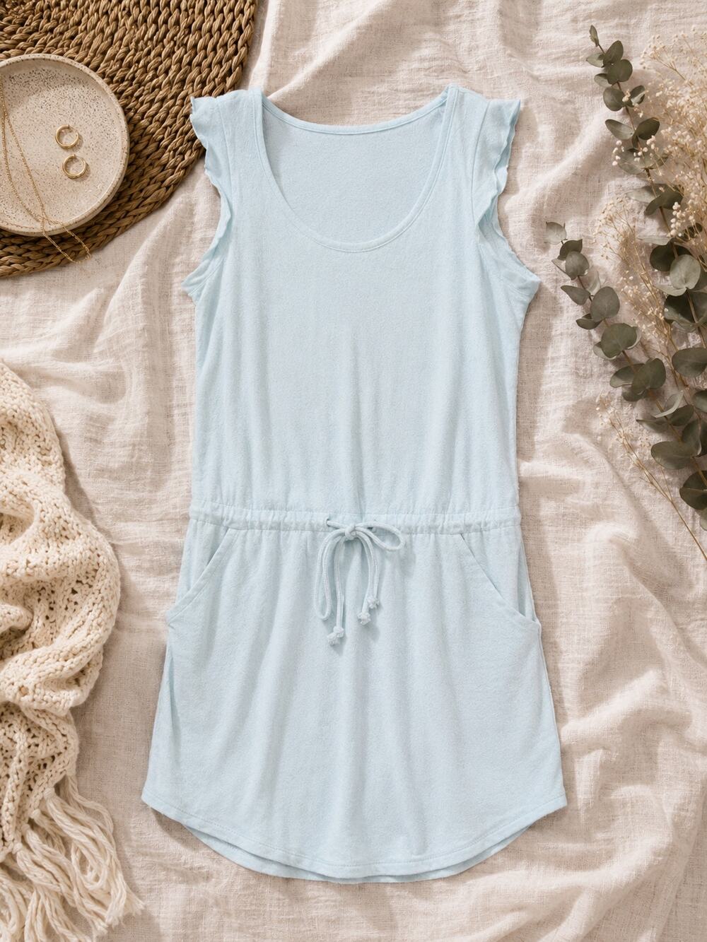 Lilla P Light Blue Terry Cloth Sleeveless Drawstring Dress Pima Cotton Size XS
